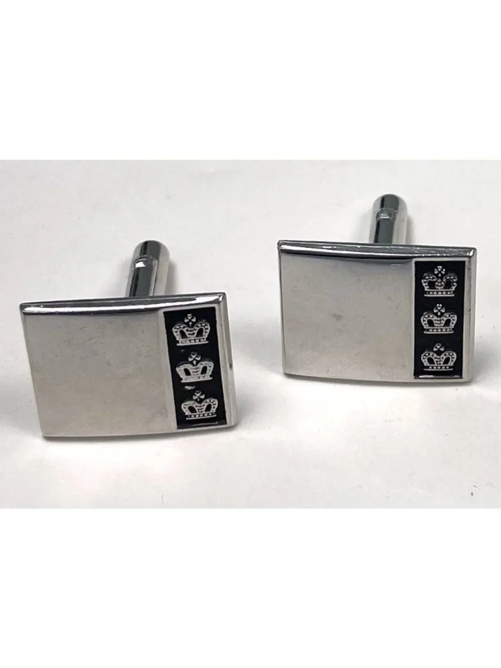 VTG MCM Set 2 Silvertone Rectangular Royal Imperial Triple Crown CUFFLINKS EUC